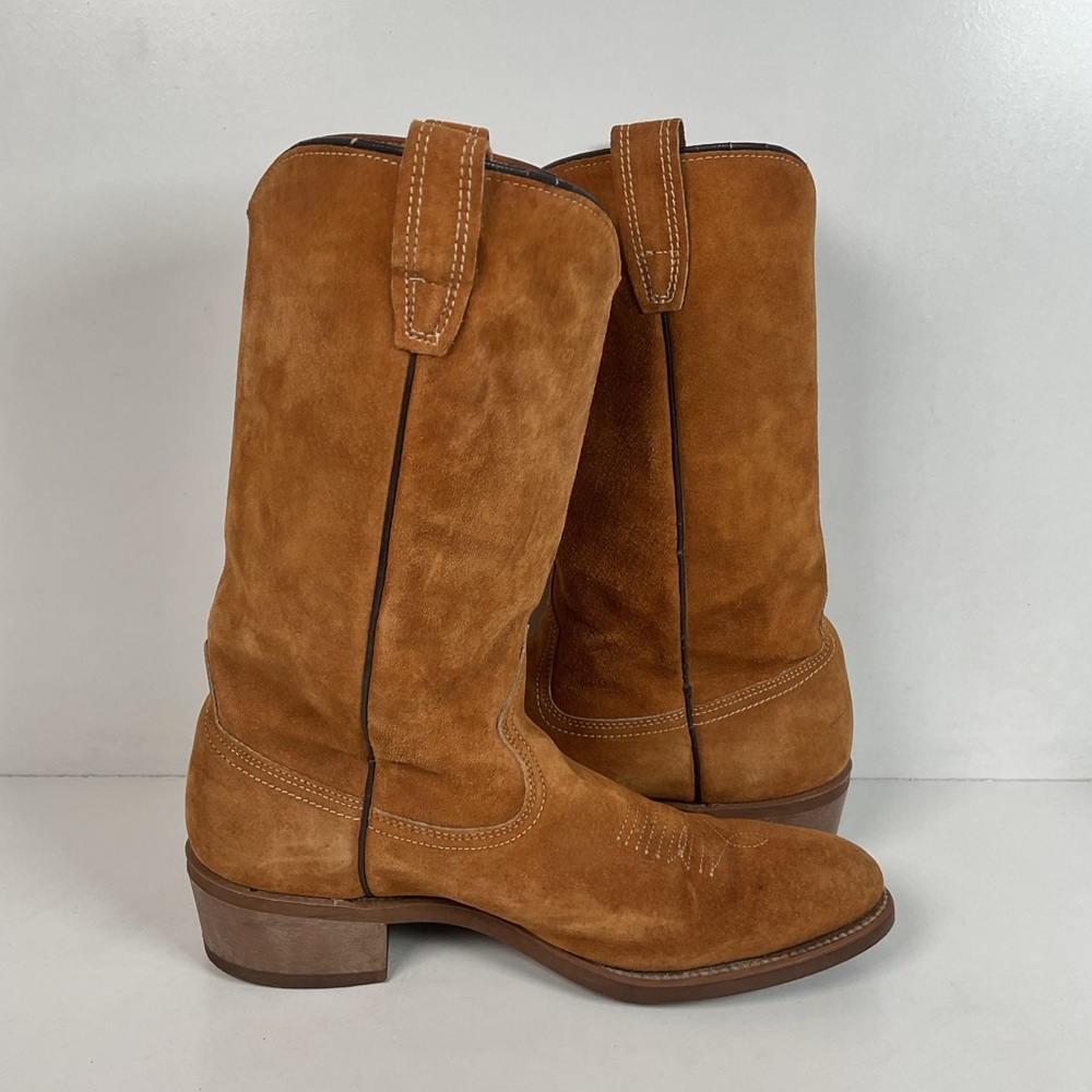 Vintage Wolverine Full Suede Cowgirl Boots 8 M Harvest Wheat Vibram - Picture 13 of 16